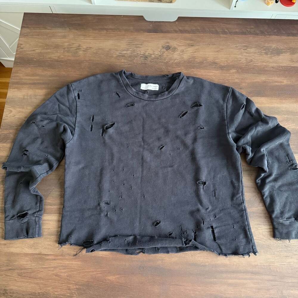 Zara Man Black Distressed Raw Edge Crewneck Sweatshirt Size L